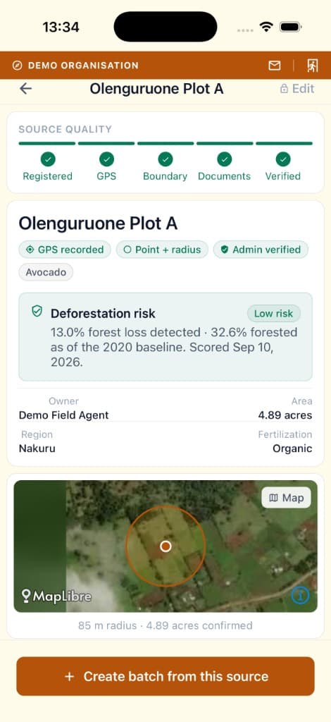 Origin Secure source screen for Olenguruone Plot A, with GPS, boundary, and low deforestation risk